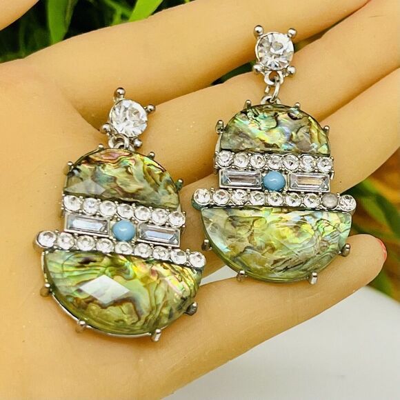 Chunky Runway Art Deco Faux Abalone Turqoise Rhinestone Earrings Silver Y2k 1149 - Picture 1 of 7
